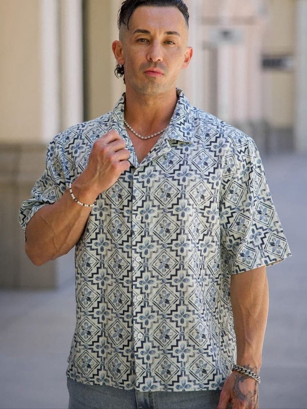YoungLA Blue and White Patterned Men's Shirt
